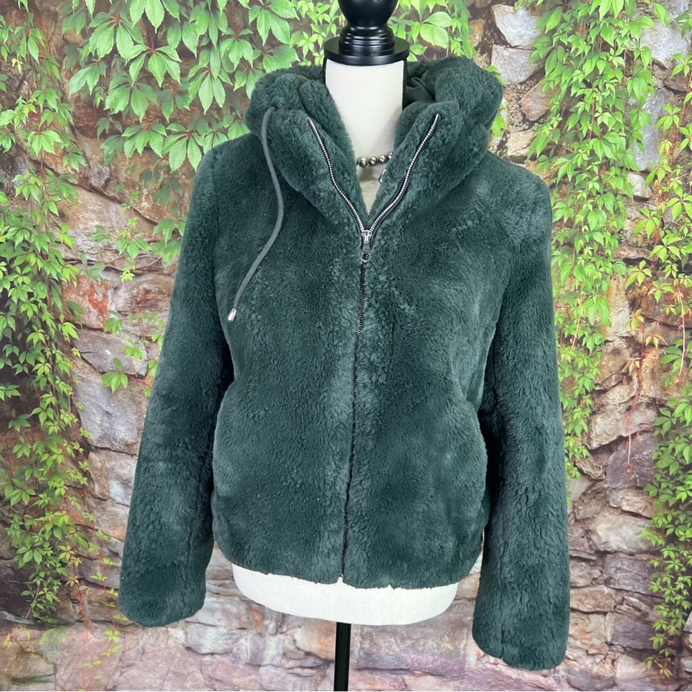 RACHEL ZOE Plush Cozy Green Patterned Teddy Fur Faux Fur Hooded Jacket, XS - Picture 4 of 12